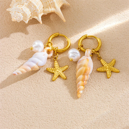 Boho Pearl Starfish Conch Seashell Dangle Gold Hoop Earrings - Womens