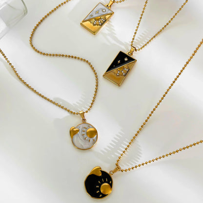 Vintage Black & White Heart Sun Star Pendant Gold Necklace - Womens