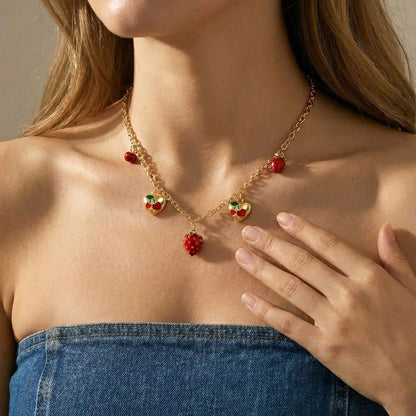 Y2K Strawberry Cherry Love Heart Pendant Gold Charm Necklace - Womens