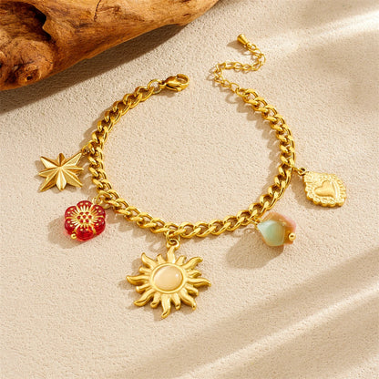 Sun Flower Crystal Heart Pendant Gold Charm Bracelet - Stainless Steel - Womens