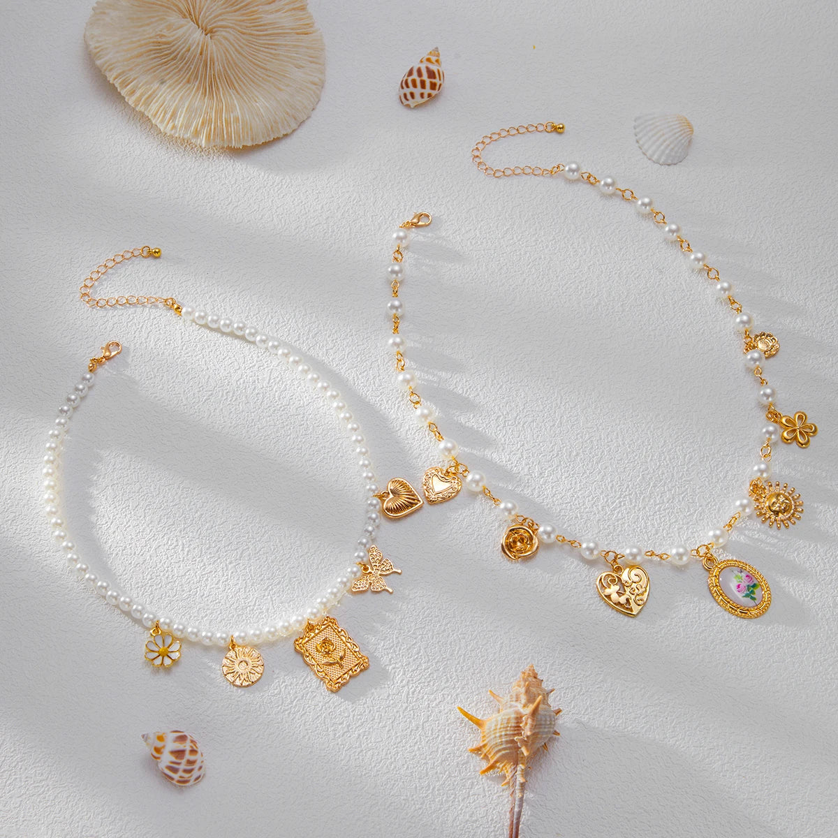 Coquette Heart Butterfly Flower Layered Pearl Pendant Charm Necklace - Womens