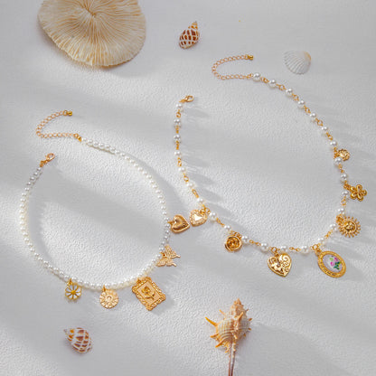 Coquette Heart Butterfly Flower Layered Pearl Pendant Charm Necklace - Womens