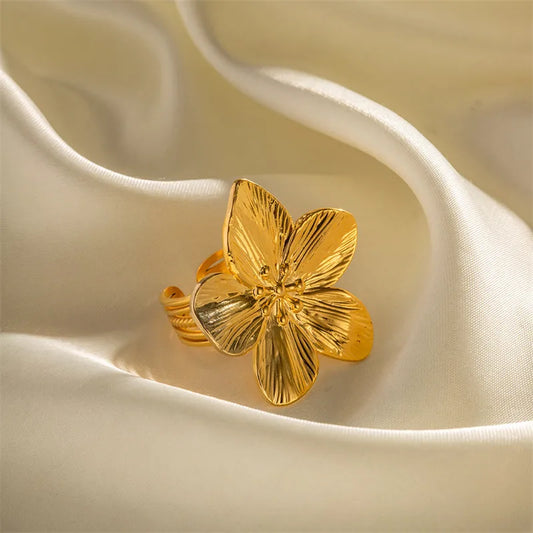 Cottagecore Flower Gold Statement Adjustable Ring - Womens