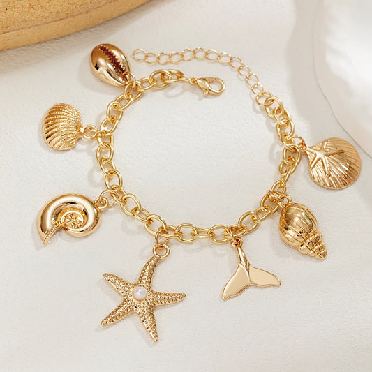 Boho Shell Starfish Mermaid Gold Pendant Adjustable Charm Bracelet - Womens