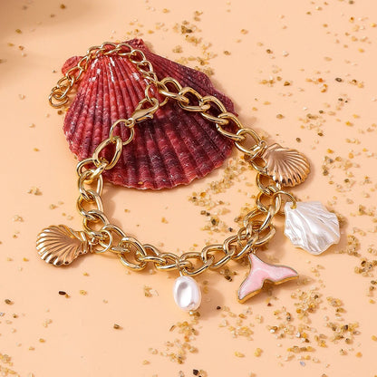 Mermaid Beach Shell Pearl Gold Charm Bracelet - Womens - Adjustable