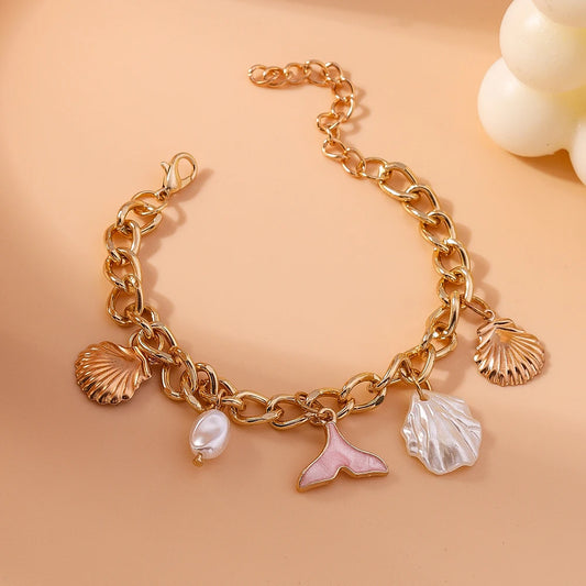 Mermaid Beach Shell Gold Pearl Charm Bracelet - Womens - Adjustable