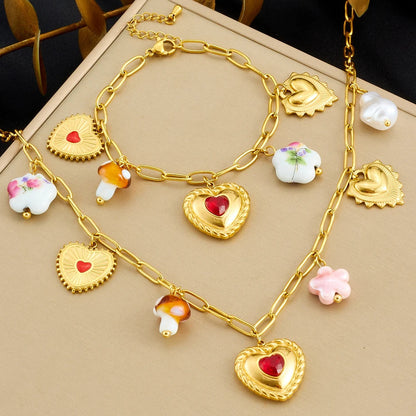 Red Zircon Heart Pearl Flower Pendant Gold Charm Bracelet And Necklace Set - Womens