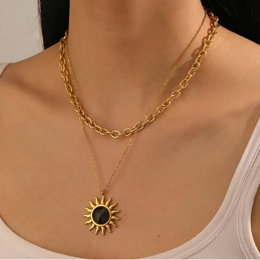 Boho Amber Sun Layered Gold Pendant Necklace - Womens