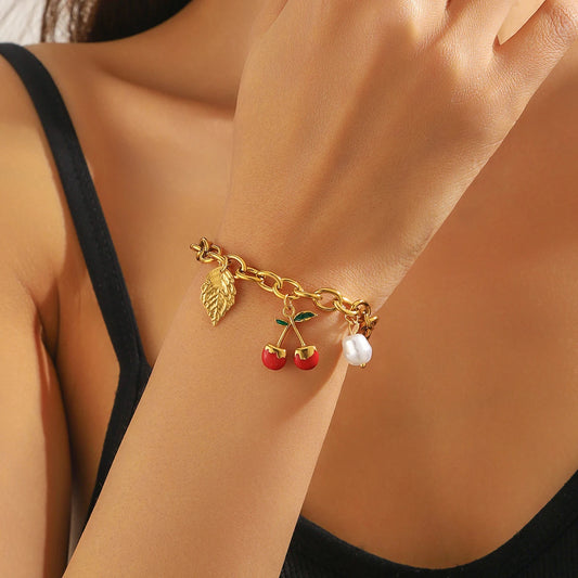 Coquette Cherry Pearl Gold Pendant Charm Bracelet - Womens