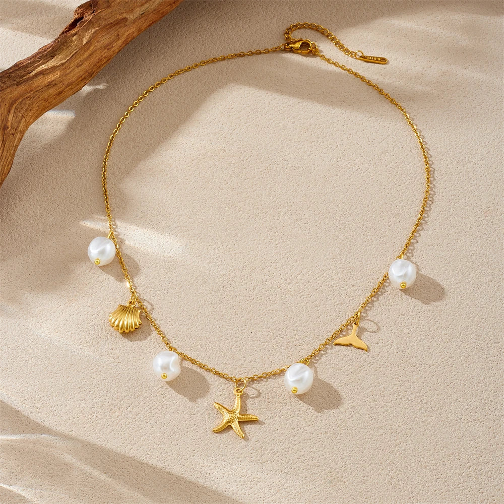 Beach Seashell Starfish Pearl Pendant Gold Charm Necklace - Womens