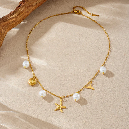 Beach Seashell Starfish Pearl Pendant Gold Charm Necklace - Womens