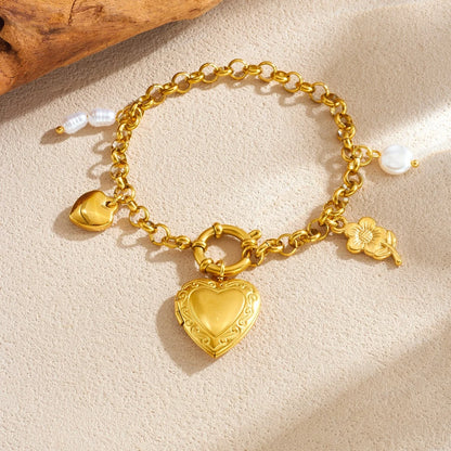 Coquette Heart Locket Flower Pearl Pendant Gold Charm Bracelet - Womens