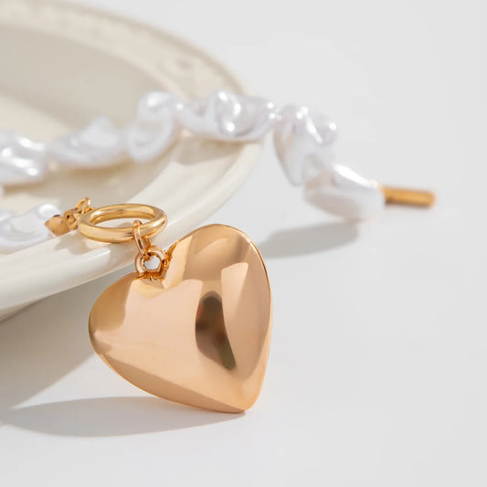 Baroque Chunky Pearl Heart Charm Bracelet - Gold & Silver - Womens