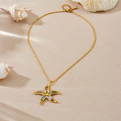 Boho Beach Abalone Shell Starfish Gold Pendant Necklace - Stainless Steel - Womens