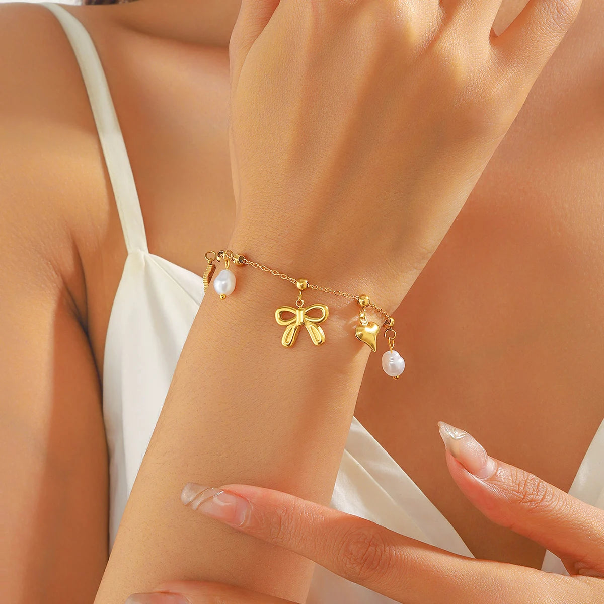 Coquette Flower Bow & Heart Gold Pearl Charm Bracelet - Womens