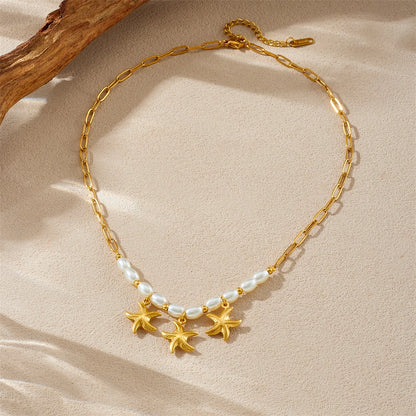 Boho Beach Pearl Starfish Pendant Gold Charm Necklace - Womens