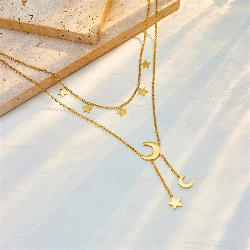 Crescent Moon Star Pendant Layered Gold Charm Necklace - Adjustable - Stainless Steel - Womens