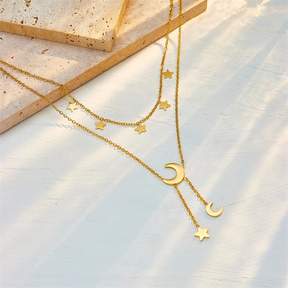 Crescent Moon Star Pendant Layered Gold Charm Necklace - Adjustable - Stainless Steel - Womens