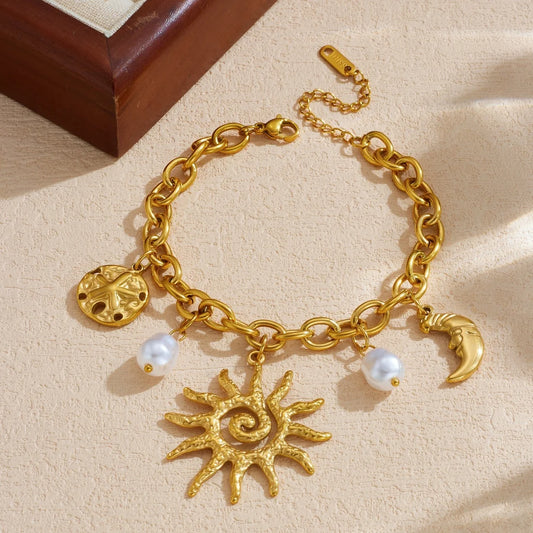 Boho Spiral Sun and Moon Pearl Pendant Gold Charm Bracelet - Stainless Steel - Womens