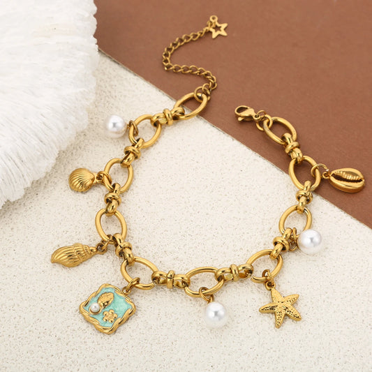 Boho Beach Seashell Pearl Gold Charm Bracelet - Womens