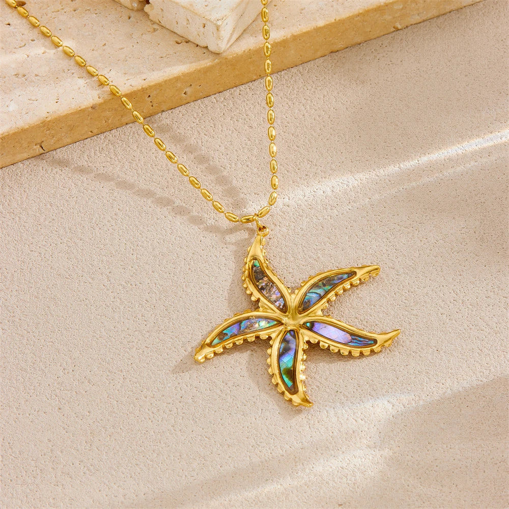 Boho Beach Abalone Shell Starfish Gold Pendant Necklace - Stainless Steel - Womens