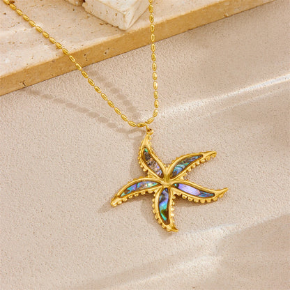 Boho Beach Abalone Shell Starfish Gold Pendant Necklace - Stainless Steel - Womens