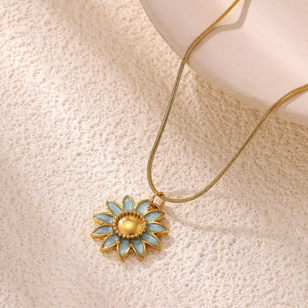 Vintage Sunflower Blue & Gold Pendant Necklace - Adjustable - Womens