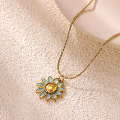 Vintage Sunflower Blue & Gold Pendant Necklace - Adjustable - Womens
