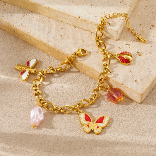Y2K Dragonfly Ladybug Butterfly Gold Charm Bracelet - Womens