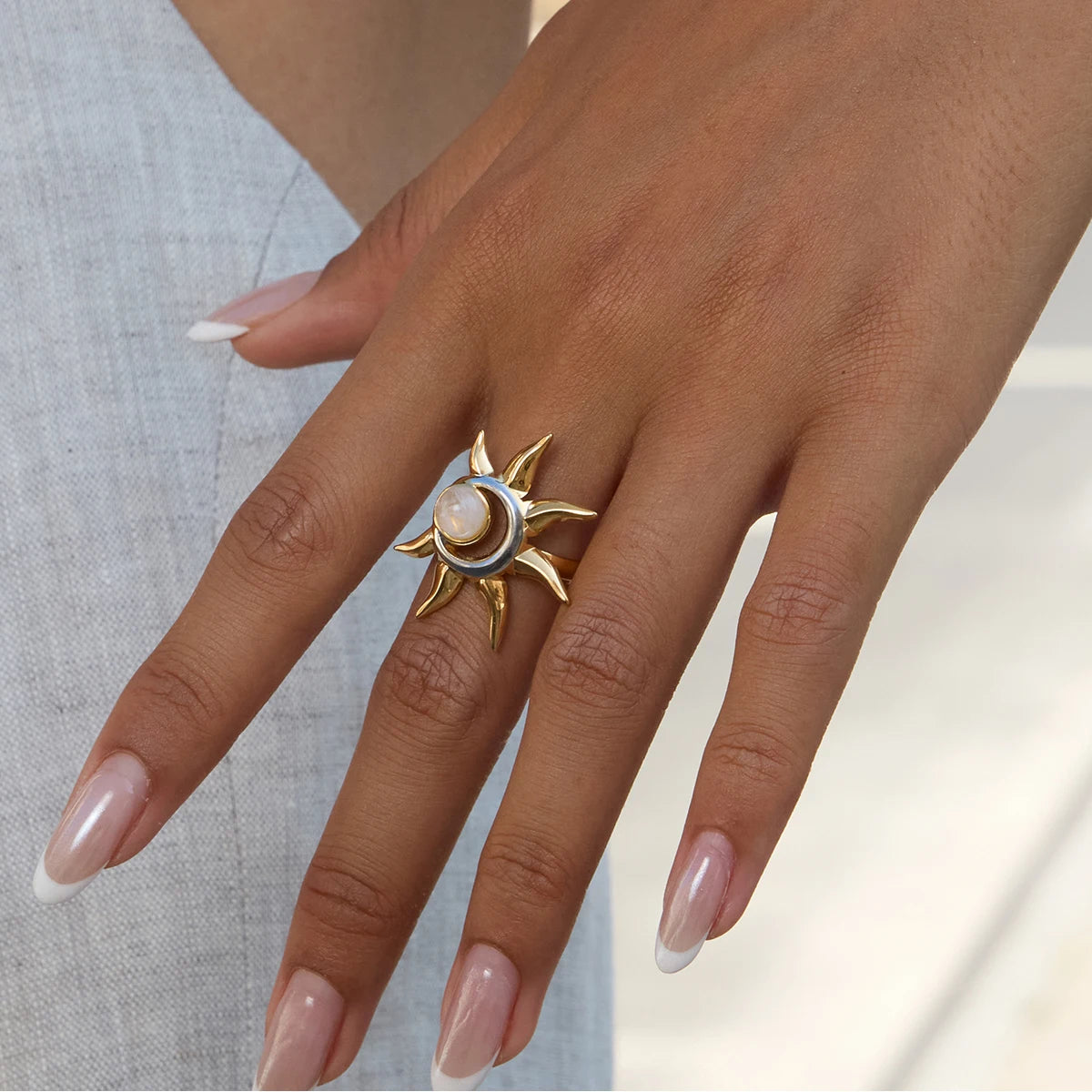 Two-Tone Sun Moonstone Adjustable Ring - Gold & Silver - Womens