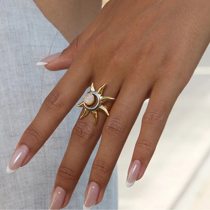Two-Tone Sun Moonstone Adjustable Ring - Gold & Silver - Womens