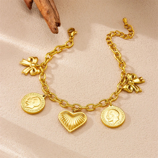 Vintage Bow Heart and Coin Gold Pendant Charm Bracelet - Womens