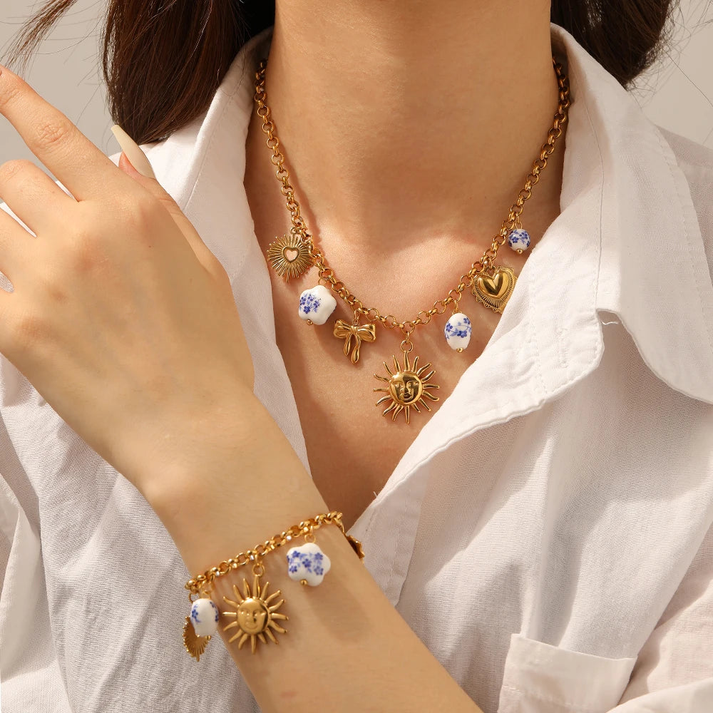 Sun Ceramic Flower Heart Pendant Gold Charm Bracelet - Stainless Steel - Womens