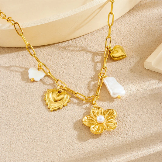 Coquette Flower Heart Gold Pearl Pendant Necklace - Womens