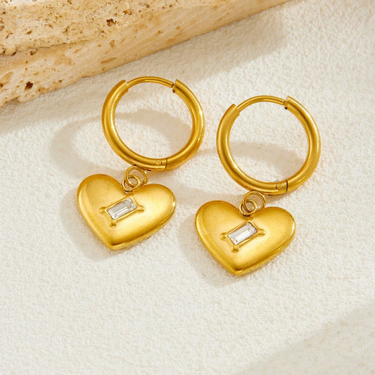 Zircon Crystal Heart Gold Pendant Hoop Earrings - Womens