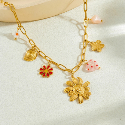 Coquette Flower Conch Seashell Heart Pendant Gold Charm Necklace - Stainless Steel - Womens