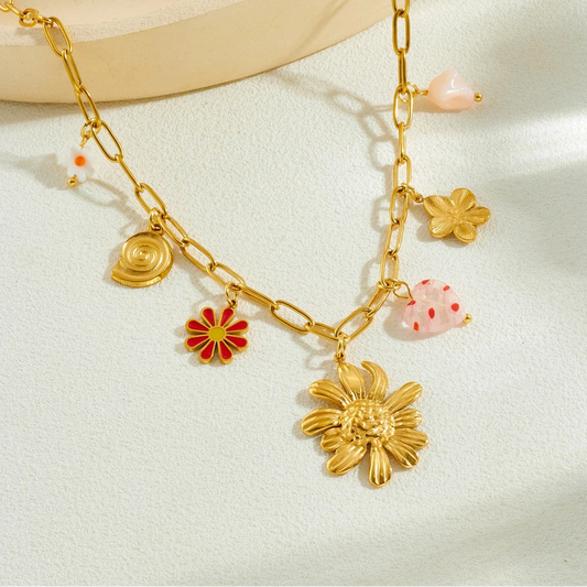 Coquette Flower Conch Seashell Heart Pendant Gold Charm Necklace - Stainless Steel - Womens