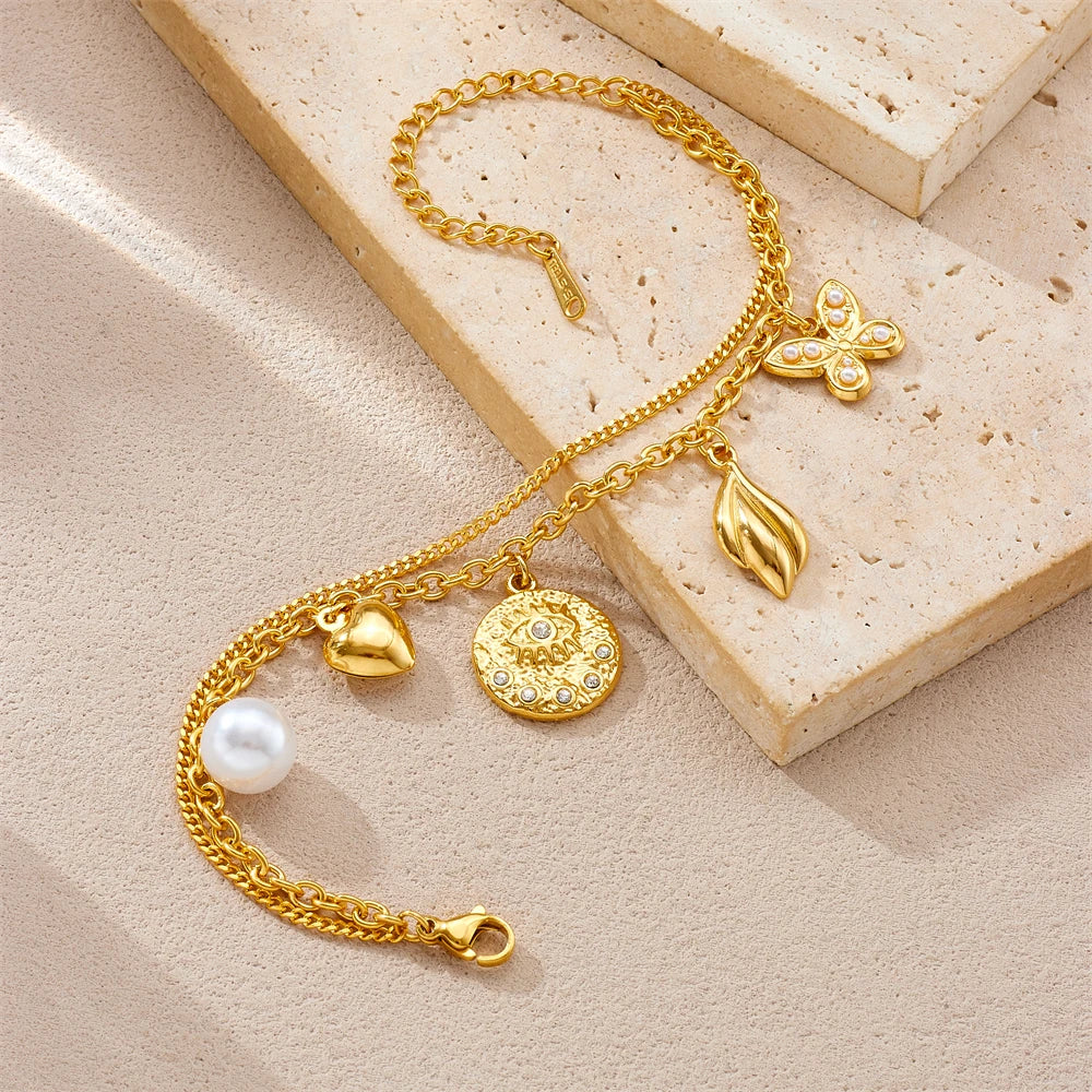Coquette Butterfly Pearl Heart Zircon Evil Eye Gold Charm Bracelet - Womens
