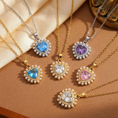 Vintage Zircon Pearl Heart Pendant Necklace - Gold & Silver - Womens