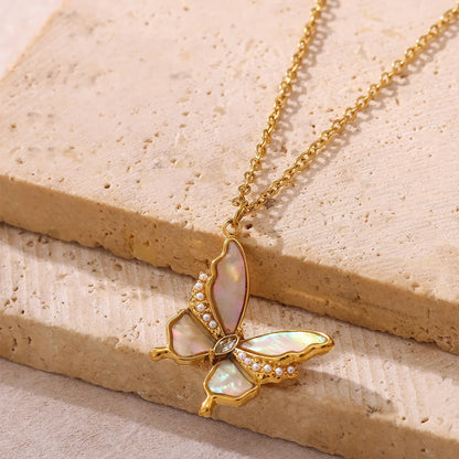 Y2K Zircon Shell Butterfly Gold Pendant Necklace - Womens