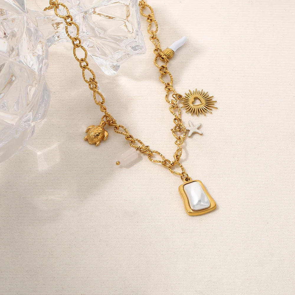 Boho Beach Turtle Starfish Pearl Pendant Gold Charm Necklace - Womens