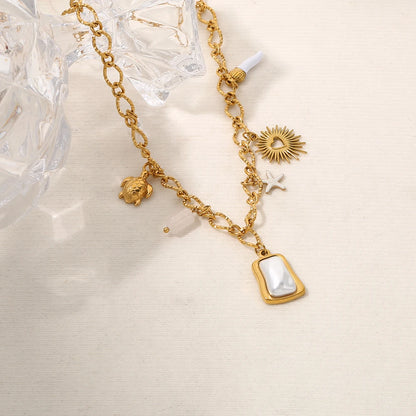 Boho Beach Turtle Starfish Pearl Pendant Gold Charm Necklace - Womens