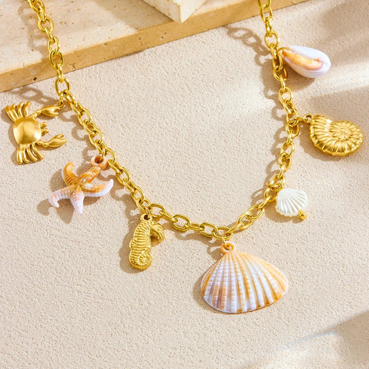 Beach Amber Starfish Conch Seashelll Pendant Gold Charm Necklace - Womens