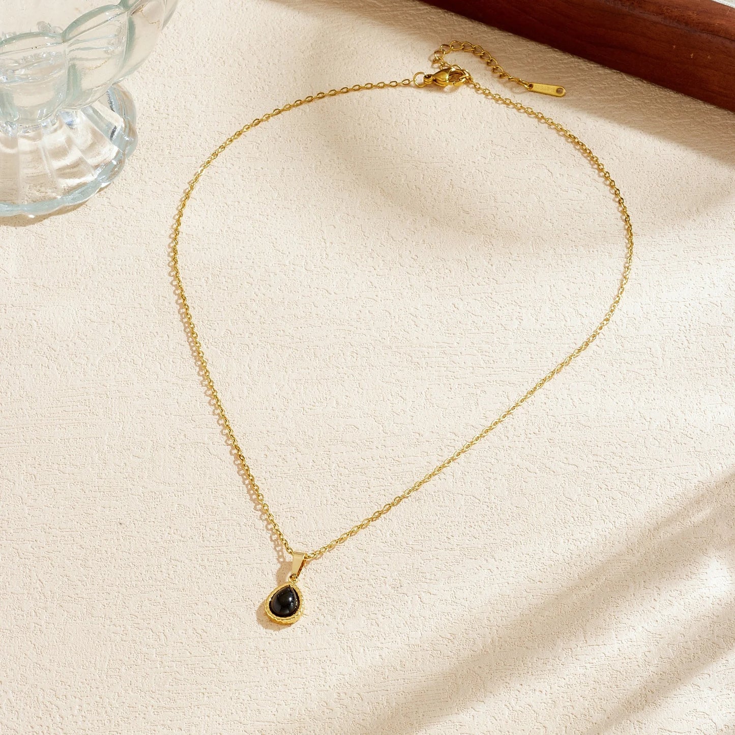 Vintage Black Onyx Gemstone Teardrop Gold Pendant Necklace - Stainless Steel - Womens