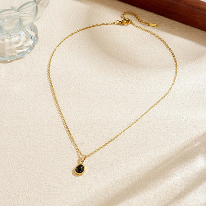 Vintage Black Onyx Gemstone Teardrop Gold Pendant Necklace - Stainless Steel - Womens
