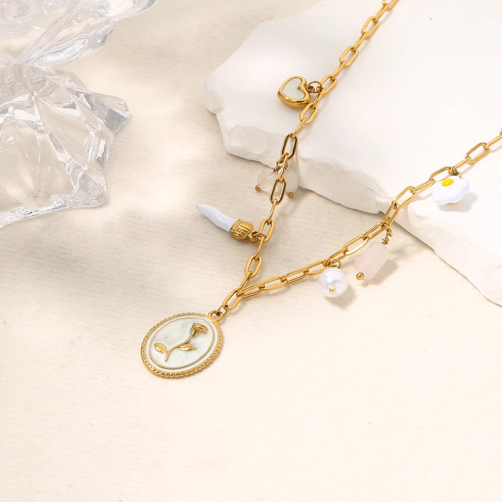 Coquette Flower Rose Vintage Gold Charm Necklace - Womens