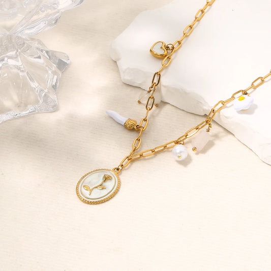 Coquette Flower Rose Vintage Gold Charm Necklace - Womens