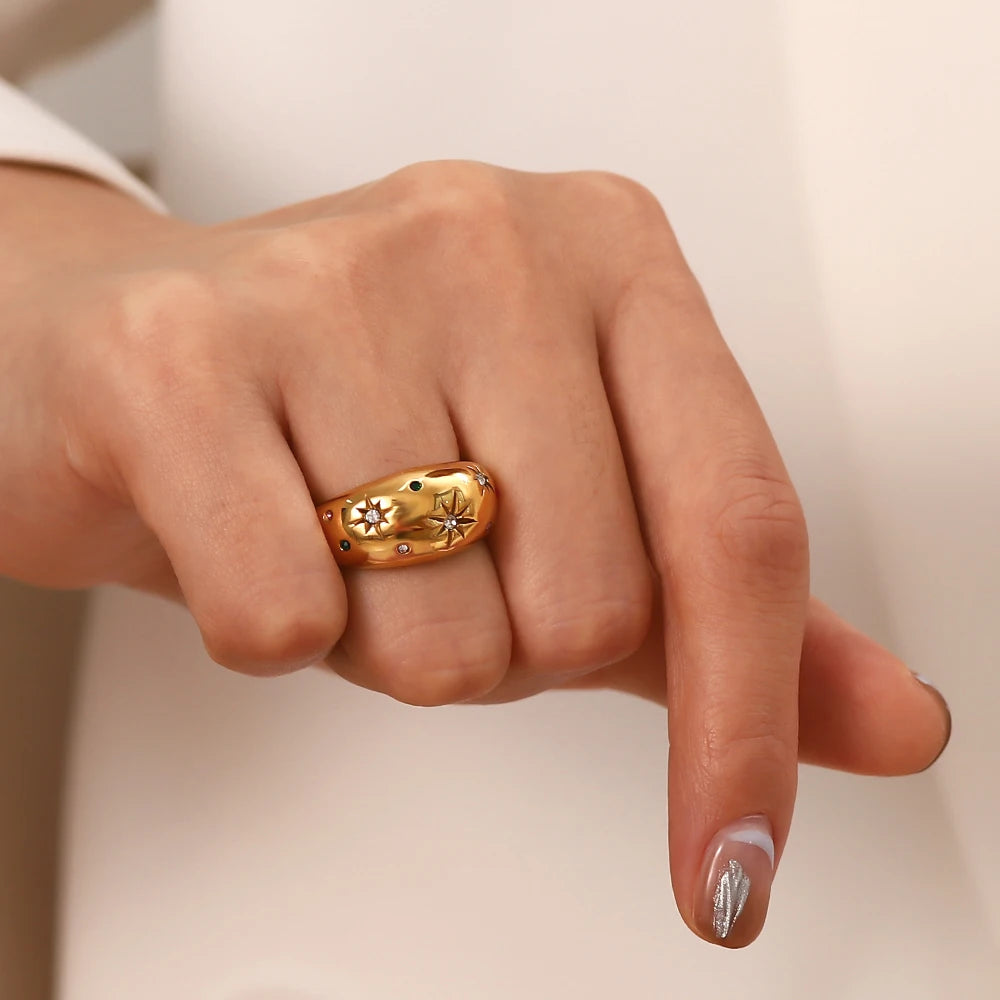 Rainbow Celestial Star Chunky Gold Ring - Womens