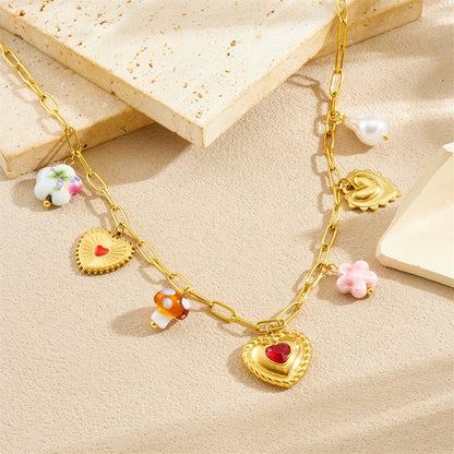 Red Zircon Heart Pearl Flower Pendant Gold Charm Bracelet And Necklace Set - Womens