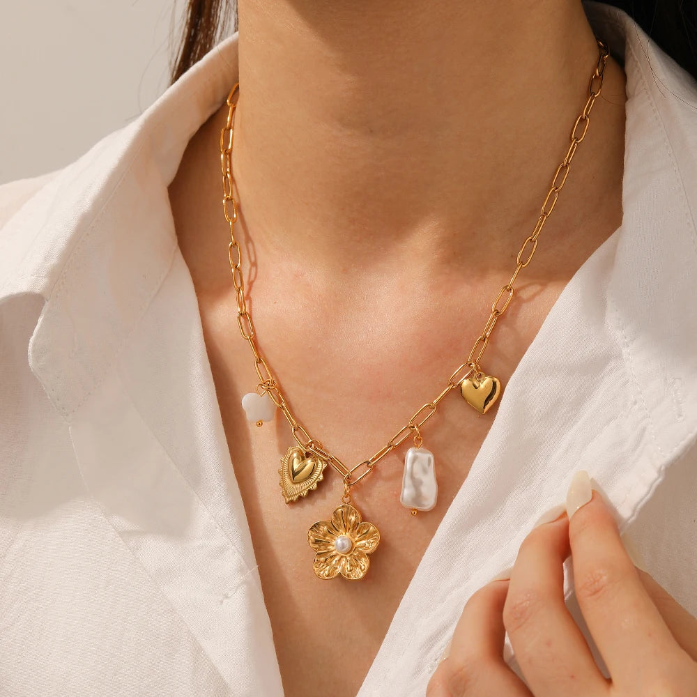Coquette Flower Heart Gold Pearl Pendant Necklace - Womens